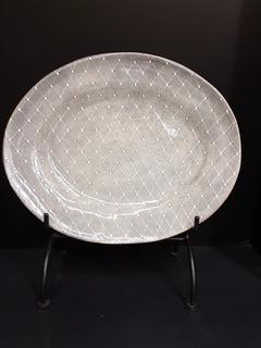 New York Hand Thrown Clay Oval Platter with Grey/Cream Stamped Lace Diamond, Dot Pattern (13"W x 16"L)