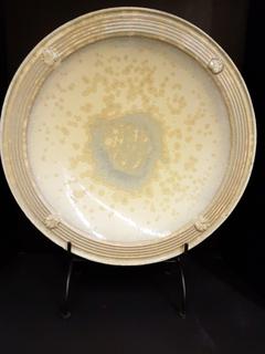 Ceramic Platter Yellow/Grey Blue with Rimmed Detail and Bubble Glaze (21"R)
