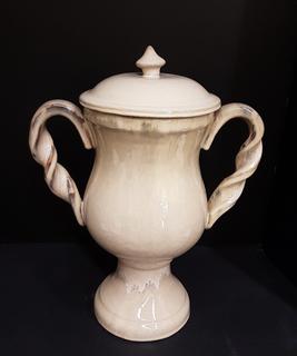 Italian Hand Thrown Pottery Rope Twist Handled & Lidded Urn with Biscuit Rain Glaze (14"W x 9"D x 18"H)