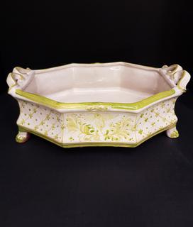 Italian Handmade Pottery Handled & Footed Oval Bowl with Lions head Detail, Hand-painted Celadon Green & Cream with Cross Hatched/French Cross Festoon Detail 