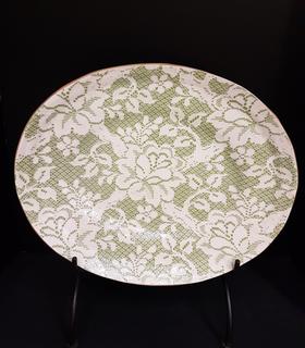 New York Hand Thrown Clay Oval Platter Green/Ivory with French Floral Lace Pattern (13"W x 16"L)