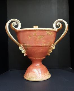 Italian Hand Thrown Pottery Crest Handled Pedestal Bowl Distressed Hand-painted Coral Brick Red, Cream, Green (15"W x 7.75"H)