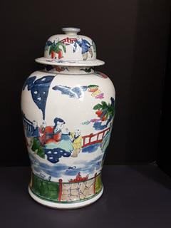 Hand Thrown Asian Pottery Ginger Jar (Cobalt, Red, Turquoise, Green, Yellow) Chinoiserie Pattern (11" x 10" x 19"H)