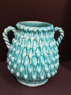 Italian Majolica Rope Twist Handle Vase with Turquoise Rain Glaze (13"W x 11"D x 13"H)