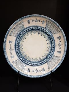 Italian Hand Turned Glazed Pottery Hand-painted Blue/Cream Platter (19.5"R x 4.25"D)