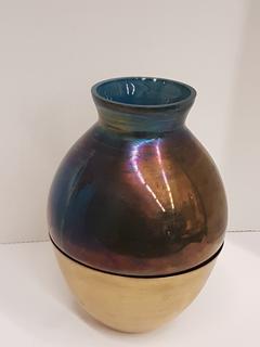 Brass with Hand-blown Painted Opalescent Blue Glass Vase (8.5"W x 10.25"H)