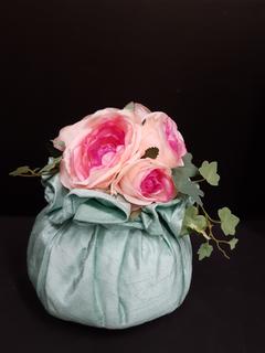 French Lavender & Rose Dupini Turquoise Silk Sachet with Pink Roses & Ivy (7.5"R x 8.5"H)