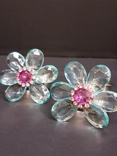 French Glass & Swarovski Crystal Turquoise Floral on Silver-plate Napkin Rings (Set of 2)