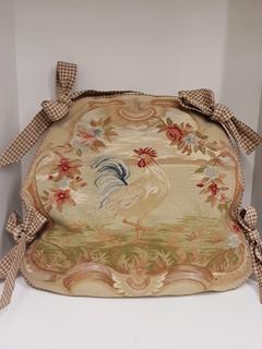 French Aubusson Tapestry Decorative Pillow with Rooster Scene (Brown/Biscuit/Blue/Red) with Plaid Ties and Down Insert Decorative Pillow Form (24"W x 20"L x 5"D)