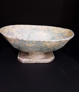 French Platsir Paper Mache Oval Pedestal Bowl in Soft Yellow & French Blue Floral Damask (20"W x 12"L x 9"H)