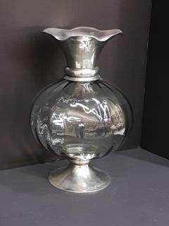 Italian Handblown Smoky Crystal Glass Vase with Fluted Stamped Pewter Top and Base (12"R x 16"H).  No portion of the proceeds for this lot will be donated to Alberta Ballet.
