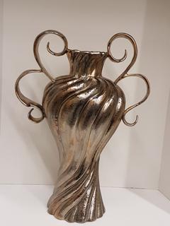 Italian Hand Thrown Porcelain Handled Vase with Metallic Pewter & Burnt Copper Leaf Finish (17"W x 23"H).  No portion of the proceeds for this lot will be donated to Alberta Ballet.