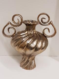 Italian Hand Thrown Porcelain Handled Vase with Metallic Pewter & Burnt Copper Leaf Finish (14"W x 15"H).  No portion of the proceeds for this lot will be donated to Alberta Ballet.
