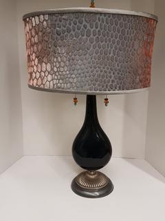 Hand-blown Midnight Blue Glass Lamp on Pewter & Charcoal Metal Base with Oval Burn-Out Silk Velvet Shade (Silver Grey, Blue Grey Copper & Silver Grey Silk Binding on Shade (18"W x 12"D x 24"H).  No portion of the proceeds for this lot will be donated to Alberta Ballet.