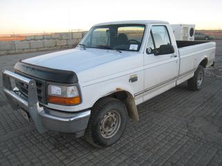 1996 Ford F150 XL 4x4 P/U c/w 5.0L V8, Auto, A/C, Bench Seat, Dual Fuel Tanks, Locking Front Hubs, 8 Ft. Box, Showing 245,033 Kms. S/N 2FTEF14N9TCA29462. Requires Repair.