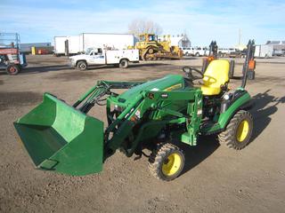 2015 John Deere 1025R Compact Utility Tractor c/w 23.8 HP Hydrostatic Trans, PTO, 3 Point Hitch, Showing 180 Hours. S/N 1LV1025RJG325177. NOTE* Former County Owned and Maintained 