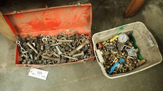 Tool Box C/w Qty Of Assorted Nuts, Bolts And Washers And (1) Tote Of Brass Fittings, T's, Elbows, Reducers, Joiners And Gauge