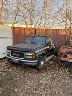 1995 GMC SLE 3500 4X4 Dually Cab And Chassis C/w V8 Turbo Diesel, A/T, Dual Wheel S/A Rear End. Showing 206,068kms. VIN 1GDJK34F3SE548543 *Note: Running Condition Unknown, Missing Truck Box*