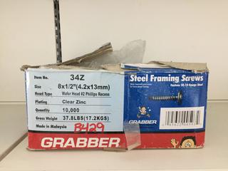 Box of Grabber 8x1/2" Wafer Head #2 Philips Head Recess Steel Framing Screws.