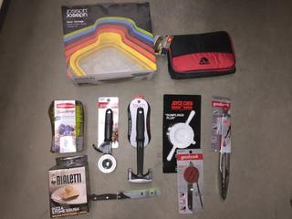 Assortment of Kitchen Items, Can Openers, Storage Containers, Meat Tenderizer, Etc.