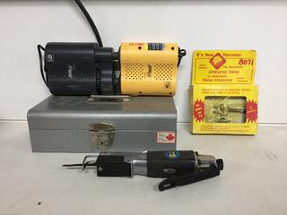 (2) Air Man Compressors, Unicurve Valve, Metal Cash Box & Power Fist Air File/Saw.