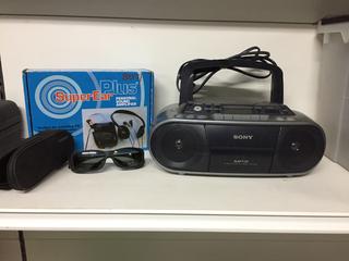 Sony CD Player, Super Ear Plus & Cocoons Glasses.