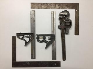 Assorted Squares & Pipe Wrench.