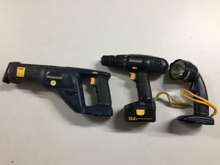 Mastercraft 14.4V Drill, Reciprocating Saw, Flashlight & Battery.