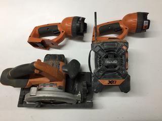 Ridgid 18V Circular Saw, Radio & (2) Flashlights, No Batteries.