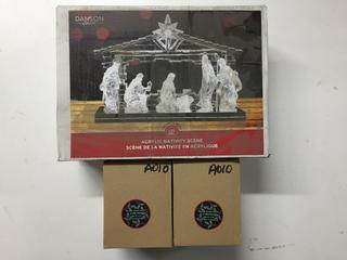 Acrylic Nativity Scene & (2) Ornaments.