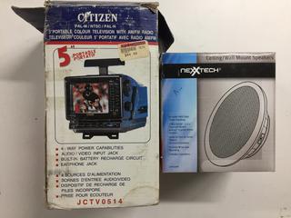 Citizen 5" Portable Colour TV with AM/FM Radio & Nexxtech Ceiling/Wall Mount Speakers.