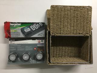 (2) Seagrass Baskets, Halogen Under Cabinet Lighting Kit & Energizer Battery Charger.