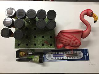 (13) Solar Stake Lights, Thermometer & Flamingo Planter.