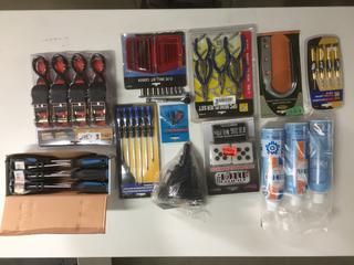 Quantity of Assorted Hand Tools, Transmission Funnels, Brake Cleaner & Ratchet Straps.