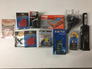 Quantity of Assorted Filters, Clamp Meter & Hitch Ball/Receiver.