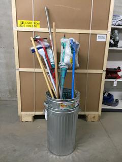 (2) Metal Garbage Cans & Assorted Mops/Handles.