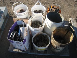 Pallet of Hardware, Bolts, Chains, Springs, Plexiglass Die's.