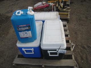 (3) Coleman Ice Chest & (1) 5 Gallon Water Jug.