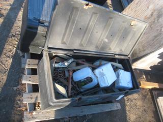 Rubbermaid Container c/w Chains, Ready Rod, Tie Down Straps & Hand Tools.