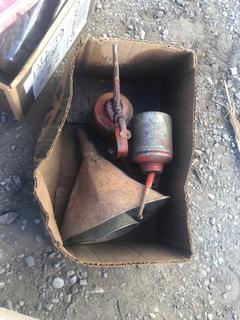 Vintage Oil Containers, Funnels, Traffic Sign & Mud Flaps.