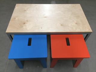 Child's Size Desk & (2) Stools, 36" x 18" x 21".