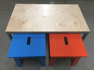 Child's Size Desk & (2) Stools, 36" x 18" x 21".