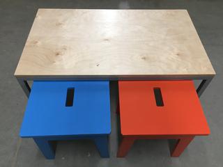 Child's Size Desk & (2) Stools, 36" x 18" x 21".