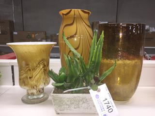 (3) Glass Vases & (1) Artificial Planter.