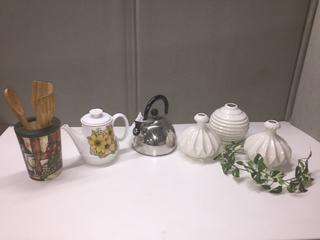 Kettle, Teapot, Vases, & Utensil Holder.