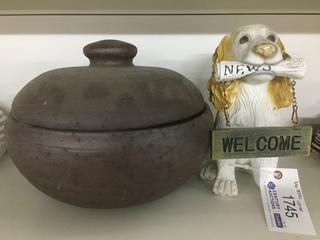 Planter/Bowl With Lid & Dog "Welcome" Decor.