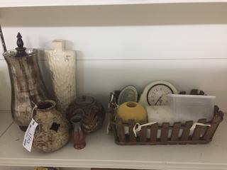 Assorted Vases, Clock, & Basket.