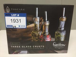 (3) Toscana Cruets With Acacia Base.