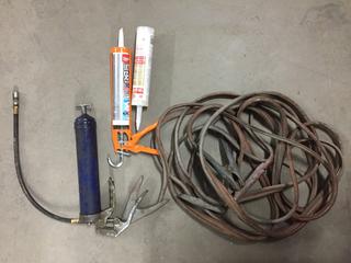 Assorted Hardware, Grease Gun, Caulking Gun & Booster Cables. 