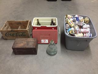 Collector Wear Decorative Avon Plates, Small Wooden Box, Coca - Cola Crate, Tub Of Antique Beer Cans, Assorted Old Glass Bottles, Glass Insect Trap & (1) IGLOO Cooler.